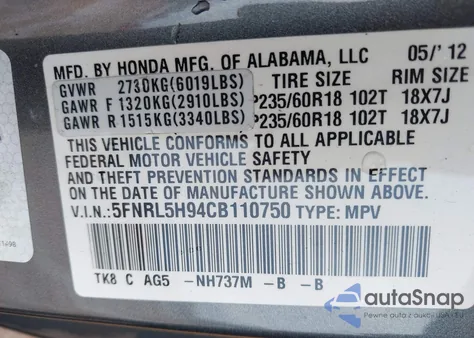 2012 Honda Odyssey Touring/Touring Elite z USA, uszkodzony, nr VIN 5FNRL5H94CB110750